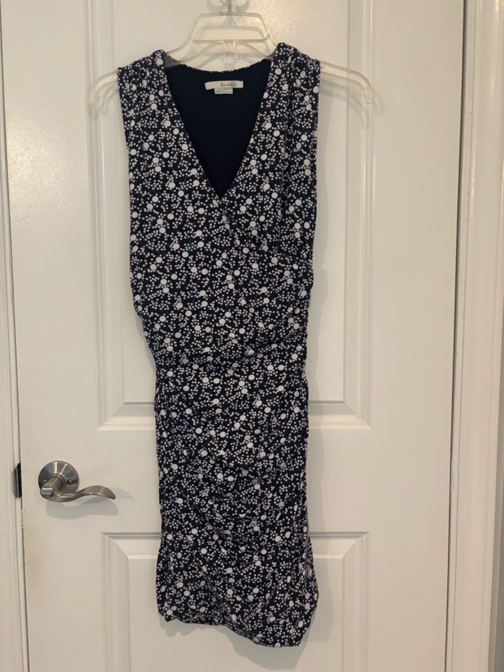 Boden Navy & White Floral 6P Dress, figure flattering ruching